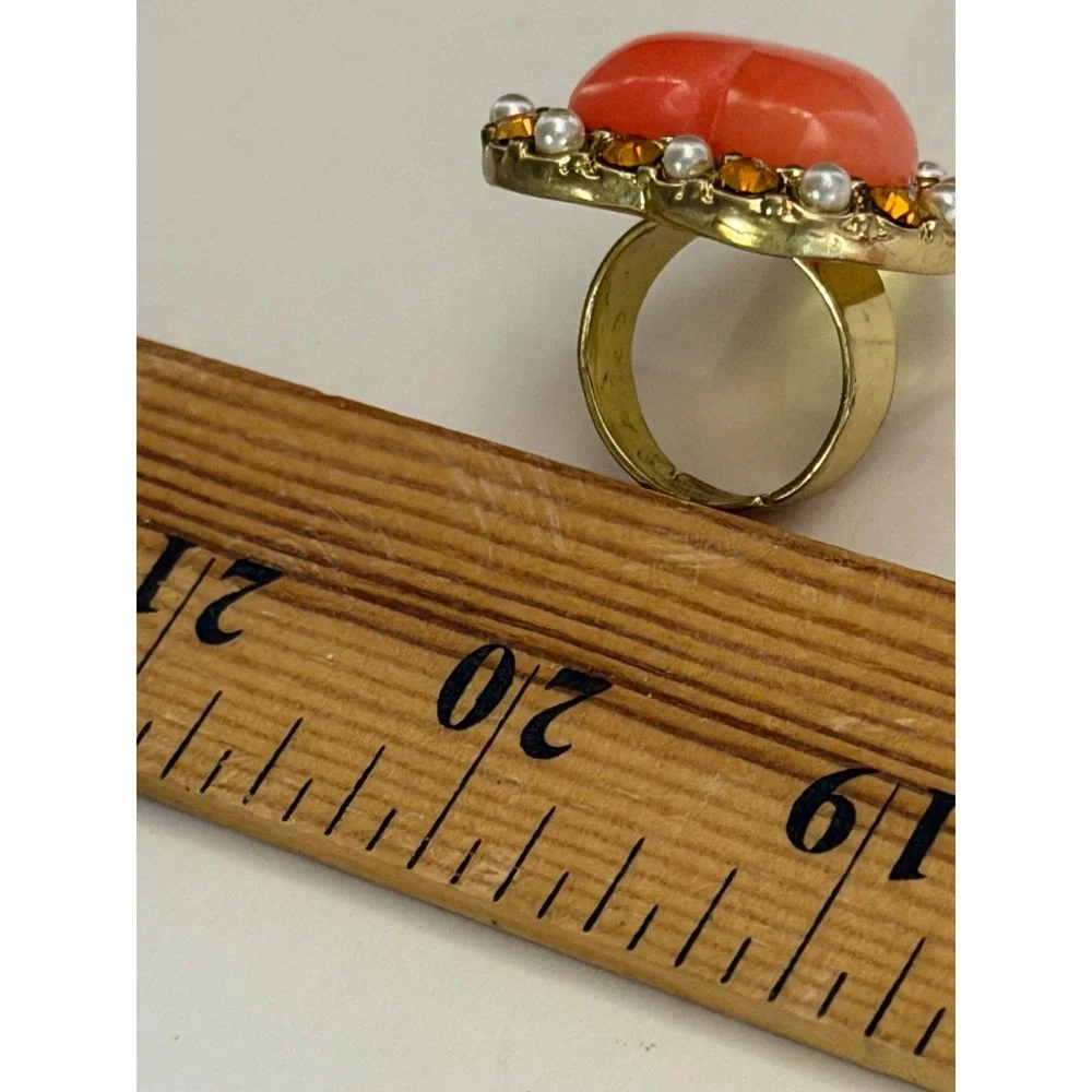 Gold Tone Coral Pink Resin Heart Statement Ring  Adjustable Cocktail Rhinestones
